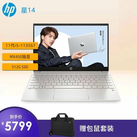 【蔡徐坤代言】惠普(HP)Pavilion星14-dv0003TX 14英寸轻薄窄边框笔记本电脑(Windows 10 家庭版 i5-1135G7 16G 512GSSD MX450 2G独显 FHD IPS)月光银